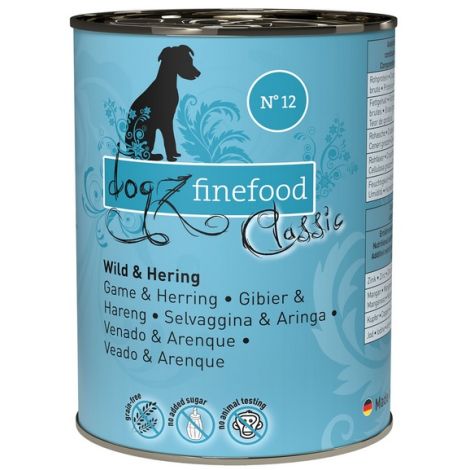 Dogz Finefood Classic N.12 Dziczyzna i śledź puszka 400g