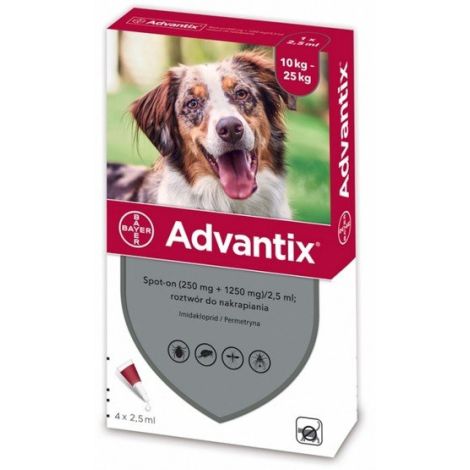 Advantix Spot-On dla psa 10-25kg - roztwór przeciwko pchłom i kleszczom - 4 pipety w opakowaniu