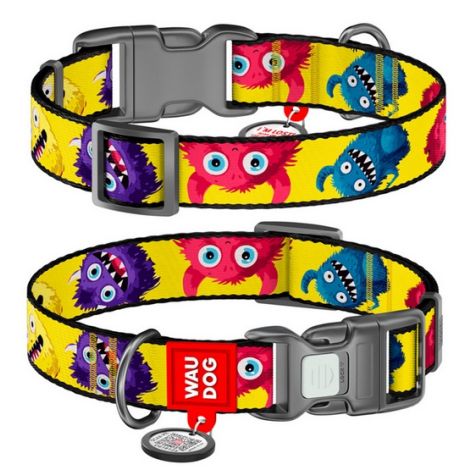 Collar WauDog Nylon Obroża nylonowa z QR-paszportem, plastikowy fastex, wzór FUTRZANE POTWORY, L 25mm/33-49cm
